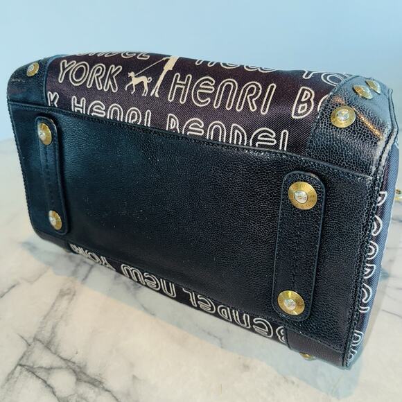 Henri Bendel Signature Brown Logo Speedy Satchel Large Handbag 13"x7x8 Gold - Picture 9 of 13